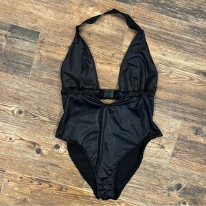 Out From Under Black Halter Bodysuit – Cutout Buckle Front